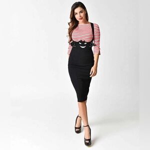 Unique Vintage Halloween Spooky Black Bat Face Suspender Bodycon Pencil Skirt